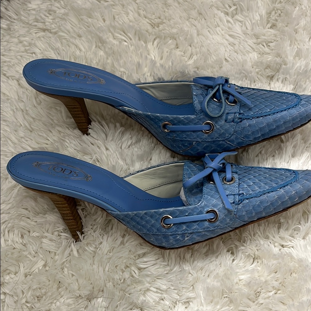 Tod's Blue Textured Mules . I bought these shoes and didn’t wear them.